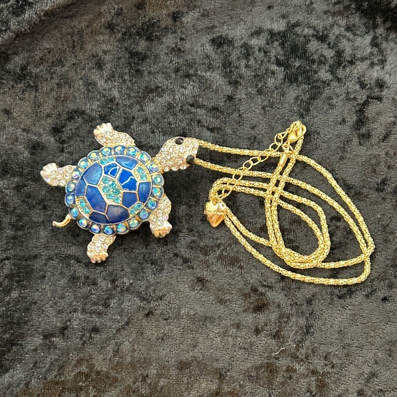 Betsey Johnson Blue Rhinestone Turtle Pendant Necklace/Brooch - Picture 4 of 5